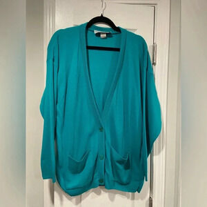 VTG 90s Kate Collins Turquoise Deep V Button Front Knit Cardigan Lockets Size 18